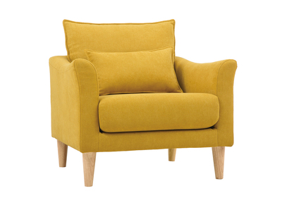 Fauteuil scandinave en tissu effet velours jaune moutarde et bois clair KATE