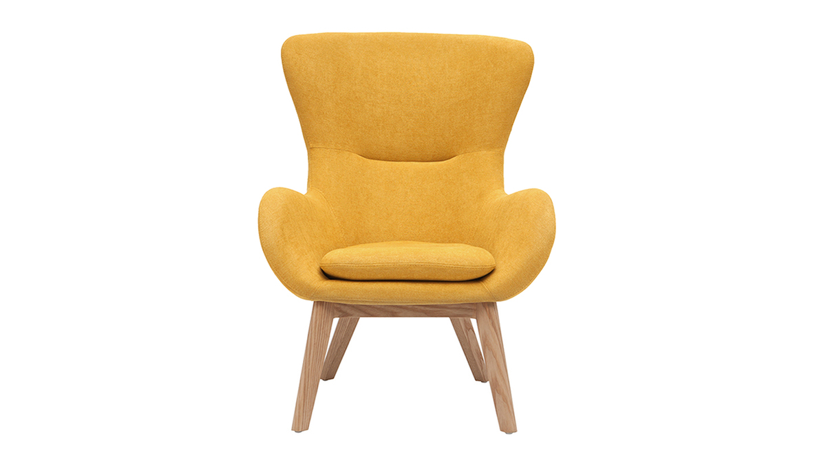 Fauteuil scandinave en tissu effet velours jaune moutarde et bois ESKUA