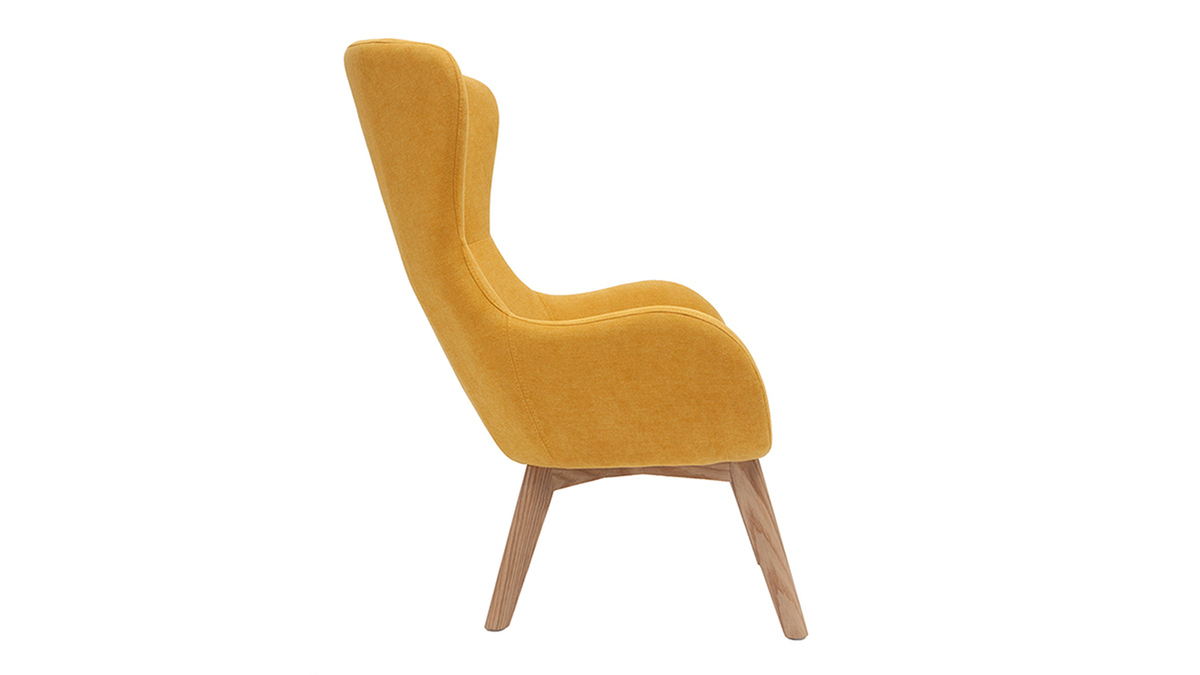 Fauteuil scandinave en tissu effet velours jaune moutarde et bois ESKUA