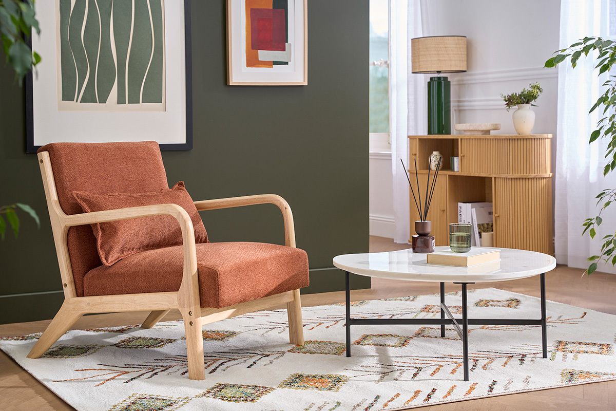 Fauteuil scandinave en tissu effet velours terre br�l�e et bois clair massif DERRY