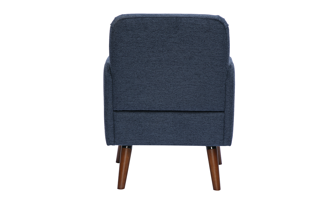 Fauteuil scandinave en tissu effet velours textur� bleu fonc� et bois fonc� ISKO