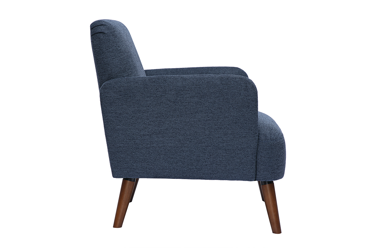 Fauteuil scandinave en tissu effet velours textur� bleu fonc� et bois fonc� ISKO