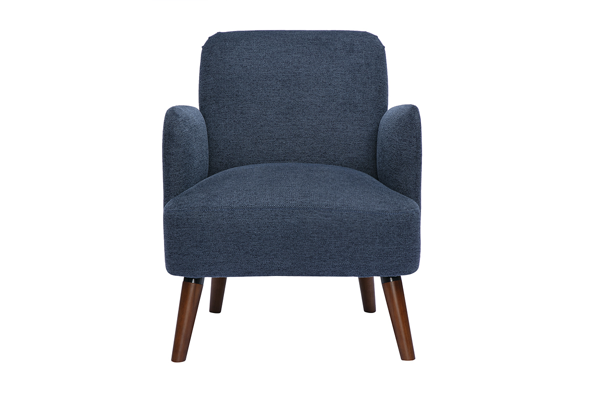Fauteuil scandinave en tissu effet velours textur� bleu fonc� et bois fonc� ISKO