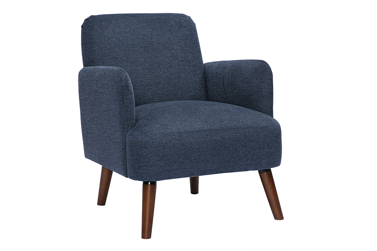 Fauteuil scandinave en tissu effet velours textur� bleu fonc� et bois fonc� ISKO