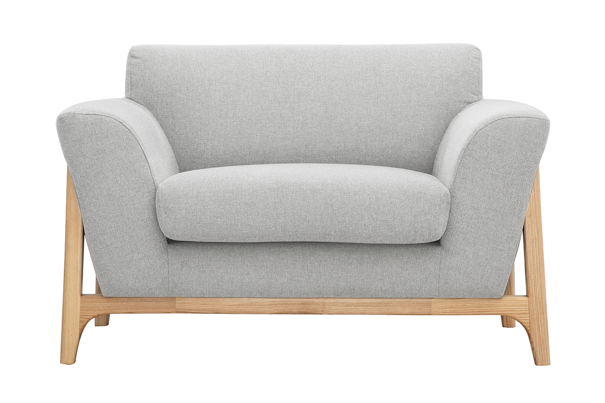 Fauteuil scandinave en tissu effet velours texturé gris clair et bois clair ASAKO