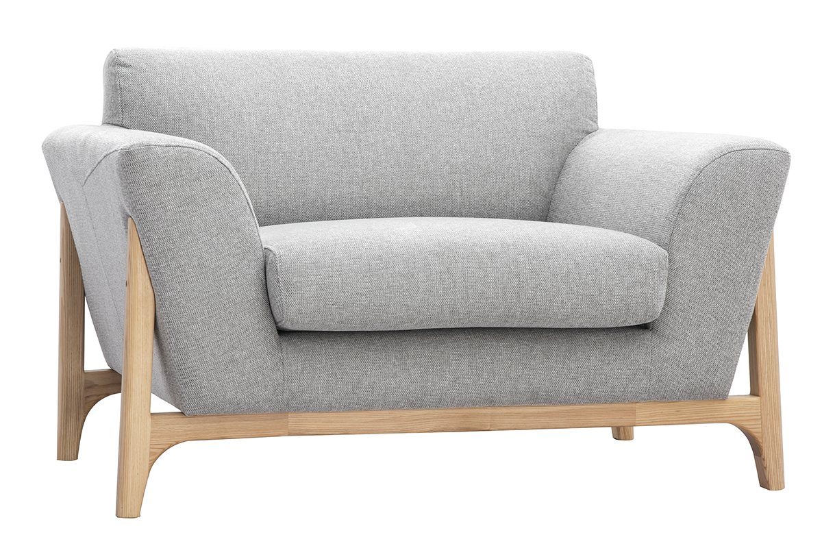 Fauteuil scandinave en tissu effet velours texturé gris clair et bois clair ASAKO
