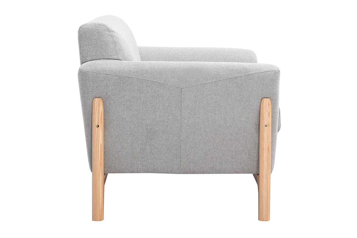 Fauteuil scandinave en tissu effet velours texturé gris clair et bois clair ASAKO