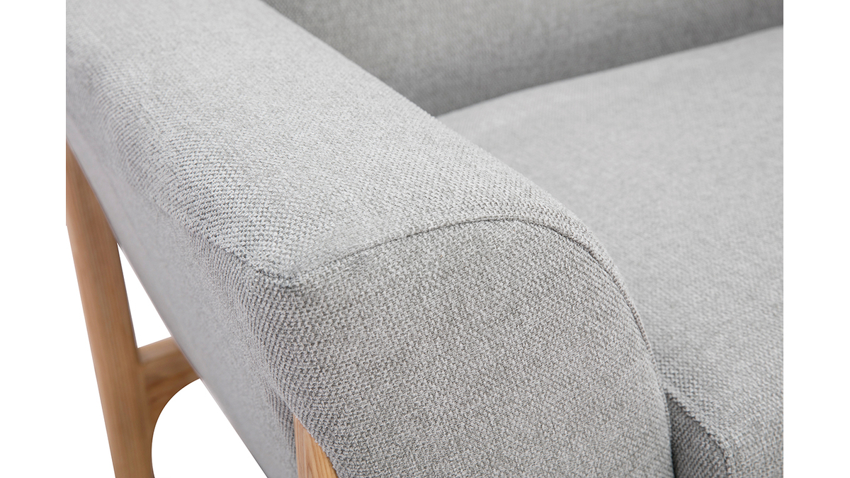 Fauteuil scandinave en tissu effet velours textur gris clair et bois clair ASAKO