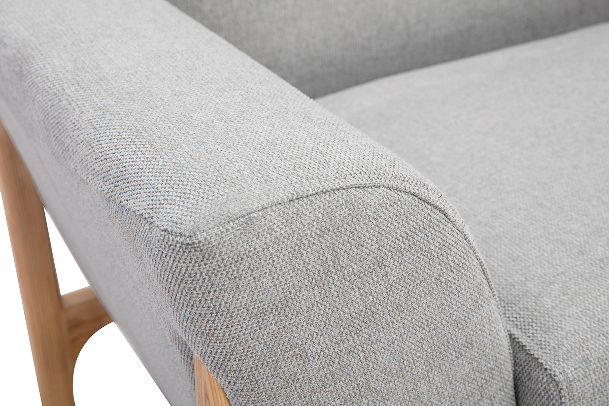 Fauteuil scandinave en tissu effet velours texturé gris clair et bois clair ASAKO