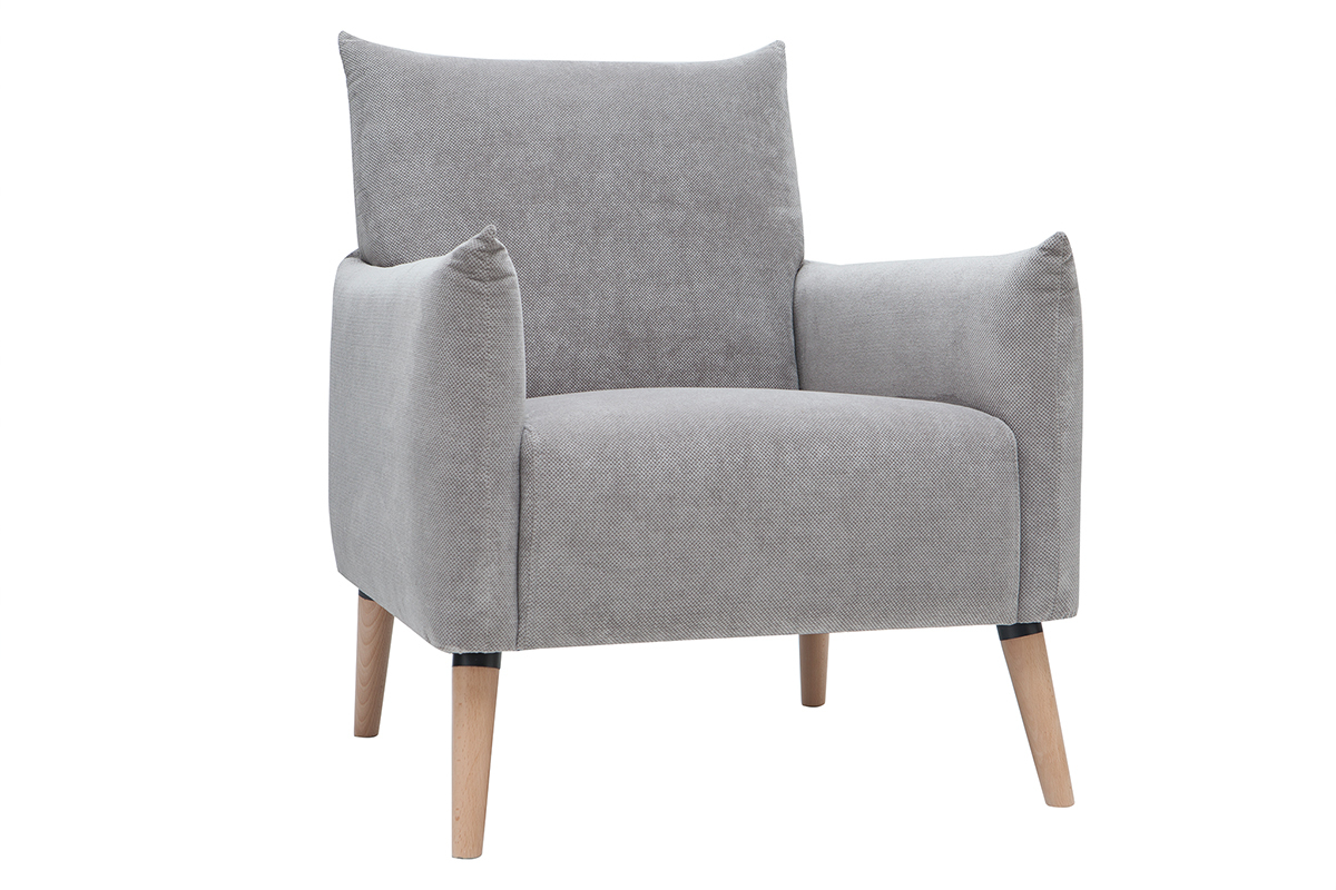 Fauteuil scandinave en tissu effet velours textur gris clairet bois clair AGAPE