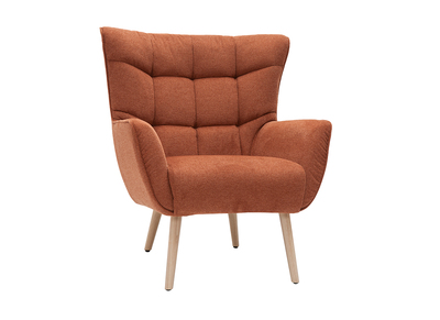 Fauteuil scandinave en tissu effet velours texturé terre brûlée et bois clair AVERY