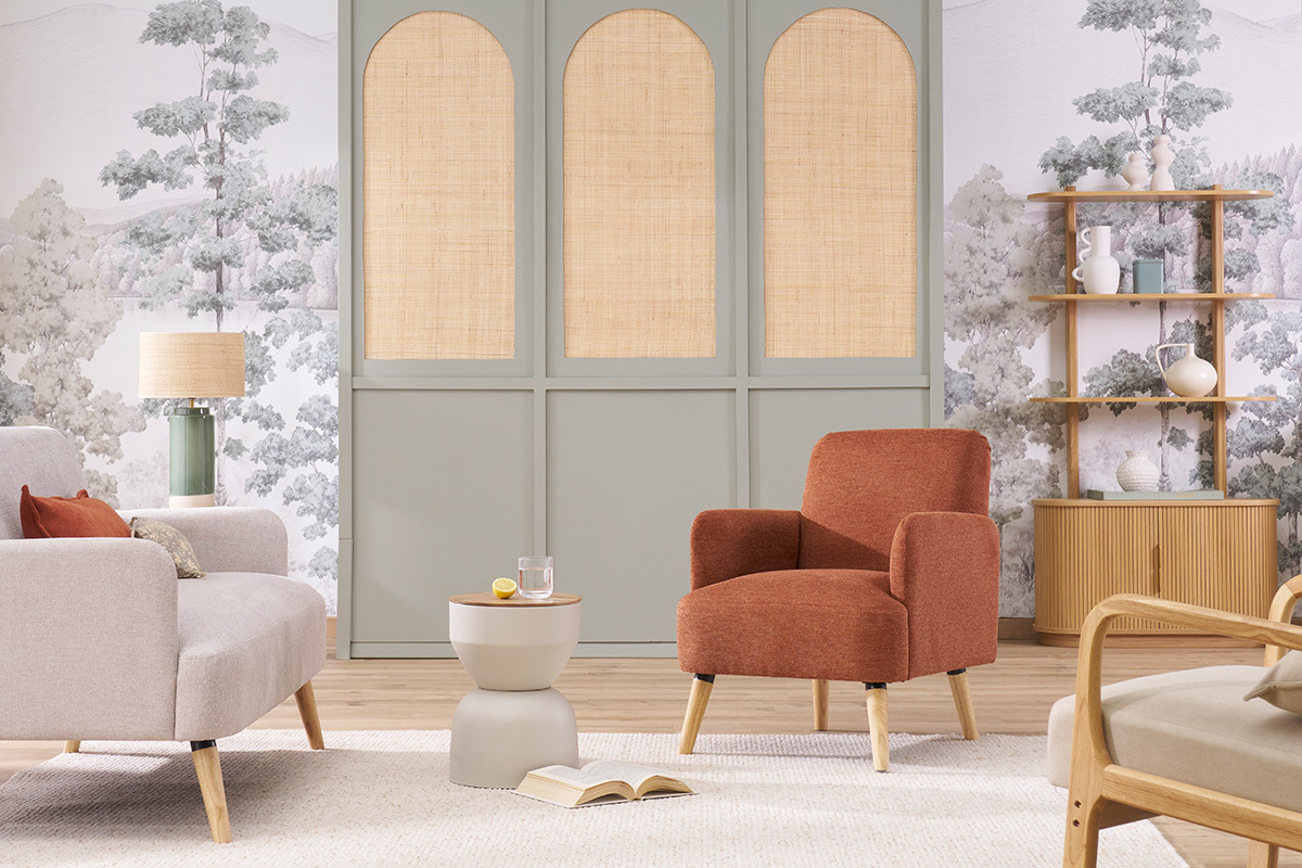 Fauteuil scandinave en tissu effet velours textur terre brle et bois clair ISKO