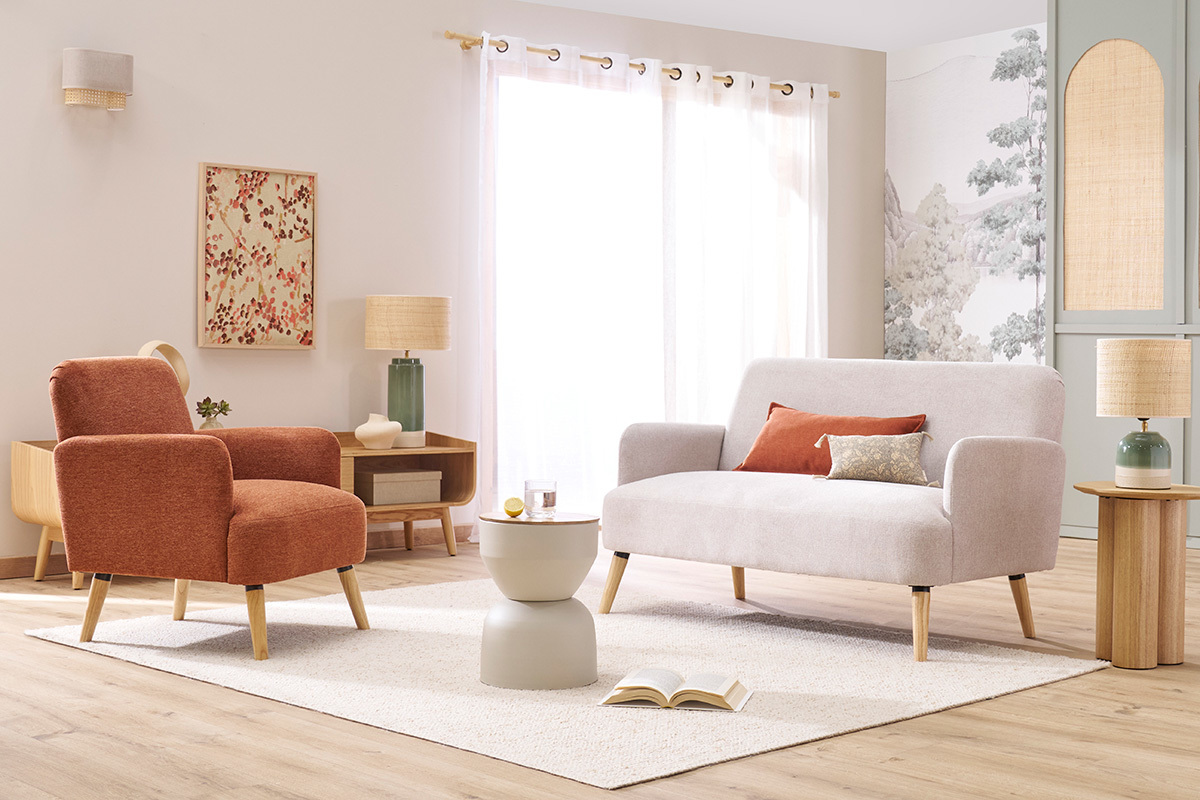 Fauteuil scandinave en tissu effet velours textur terre brle et bois clair ISKO