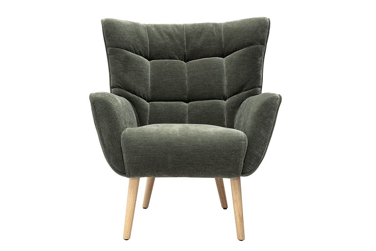 Fauteuil scandinave en tissu effet velours vert kaki et bois clair AVERY