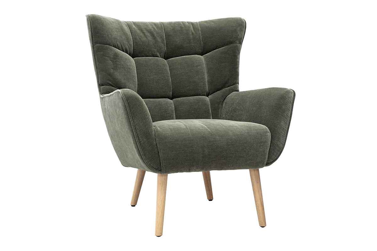 Fauteuil scandinave en tissu effet velours vert kaki et bois clair AVERY