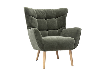 Fauteuil scandinave en tissu effet velours vert kaki et bois clair AVERY