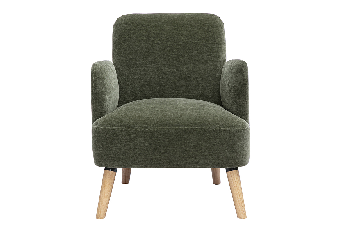 Fauteuil scandinave en tissu effet velours vert kaki et bois clair ISKO