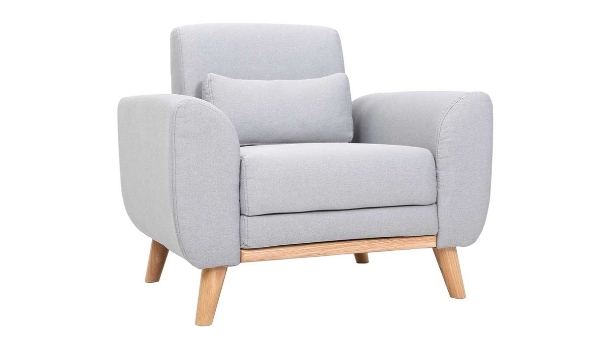 Fauteuil scandinave en tissu gris clair et bois clair EKTOR