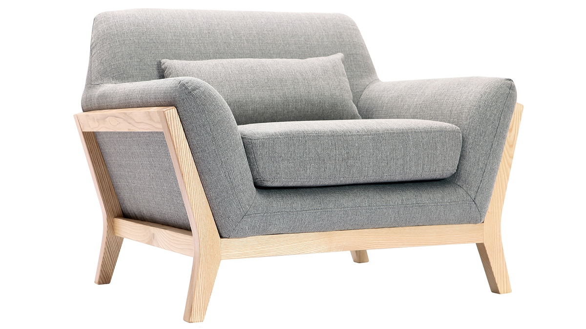 Fauteuil scandinave en tissu gris et bois clair massif YOKO