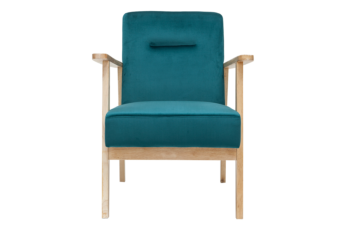 Fauteuil scandinave en tissu velours bleu ptrole et bois clair ABYSS