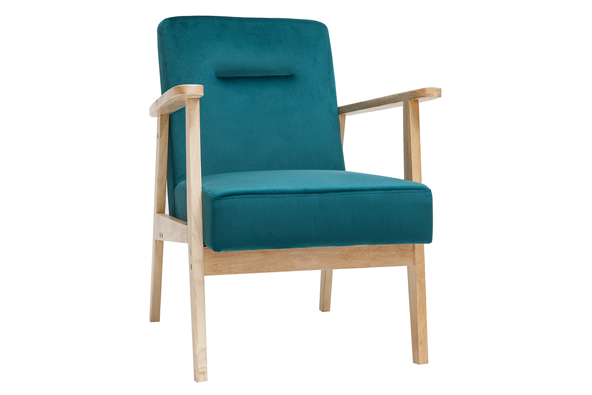 Fauteuil scandinave en tissu velours bleu ptrole et bois clair ABYSS