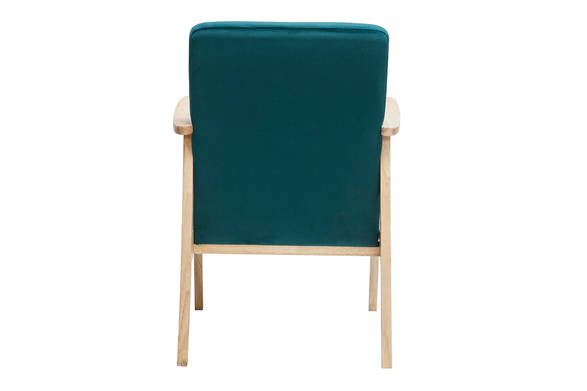 Fauteuil scandinave en tissu velours bleu ptrole et bois clair ABYSS
