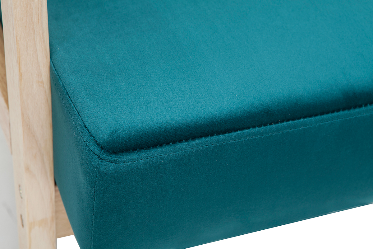 Fauteuil scandinave en tissu velours bleu ptrole et bois clair ABYSS