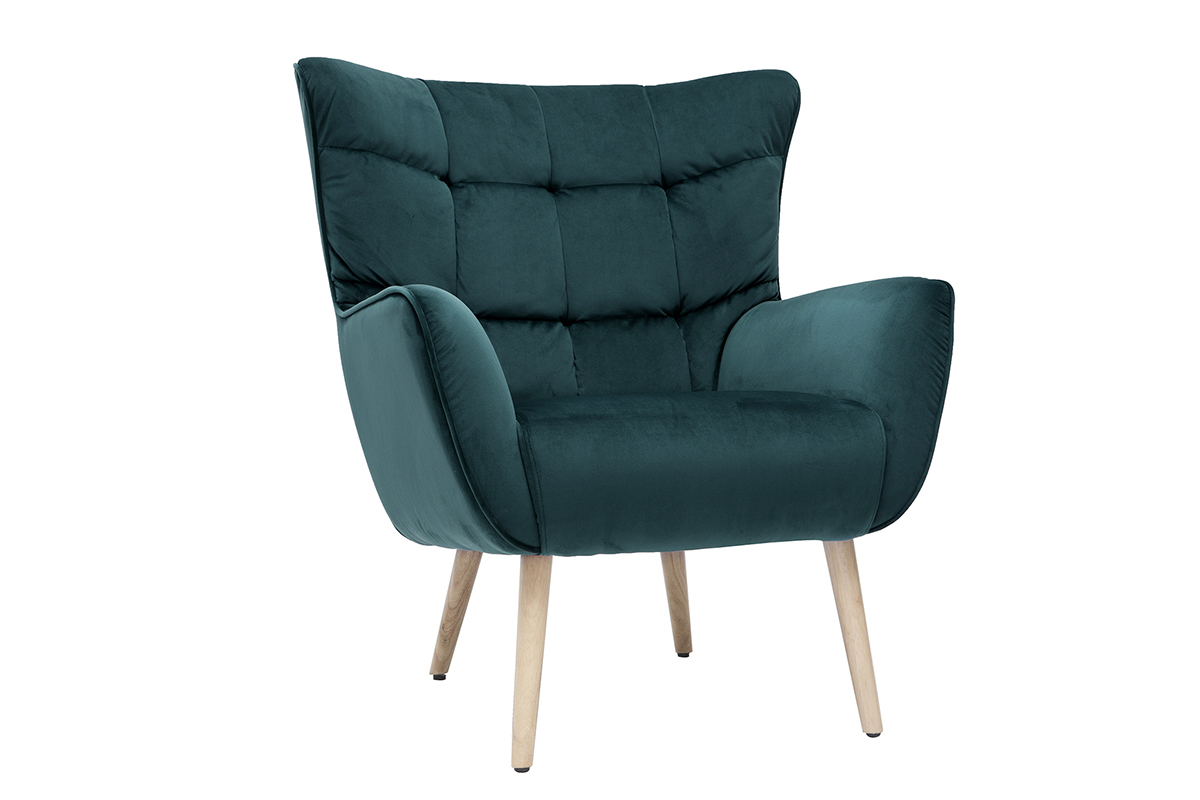 Fauteuil scandinave en tissu velours bleu p�trole et bois clair AVERY
