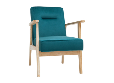 Fauteuil scandinave en velours bleu p&eacute;trole et bois clair ABYSS