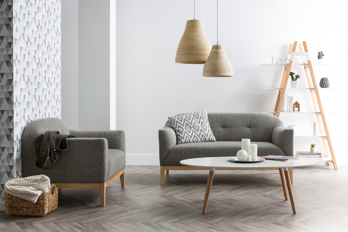 Fauteuil scandinave gris et bois MARY