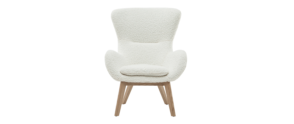 Fauteuil scandinave tissu blanc effet laine boucl�e et bois ESKUA