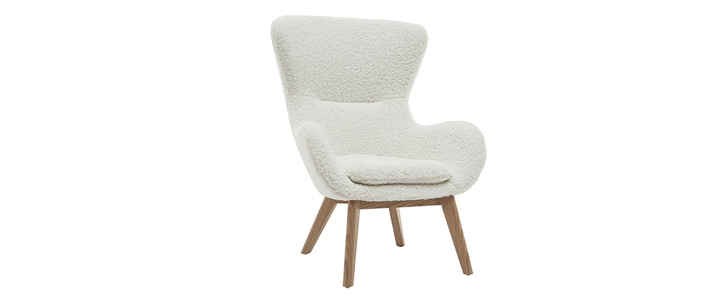 Fauteuil scandinave tissu blanc effet laine boucl�e et bois ESKUA