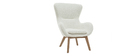 Fauteuil scandinave tissu blanc effet laine boucl&eacute;e et bois ESKUA