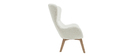 Fauteuil scandinave tissu blanc effet laine boucl&eacute;e et bois ESKUA