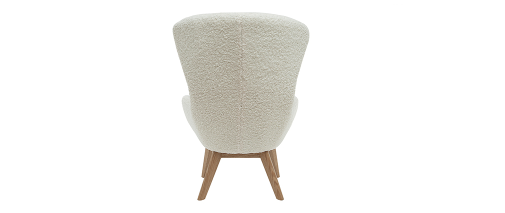 Fauteuil scandinave tissu blanc effet laine boucl�e et bois ESKUA