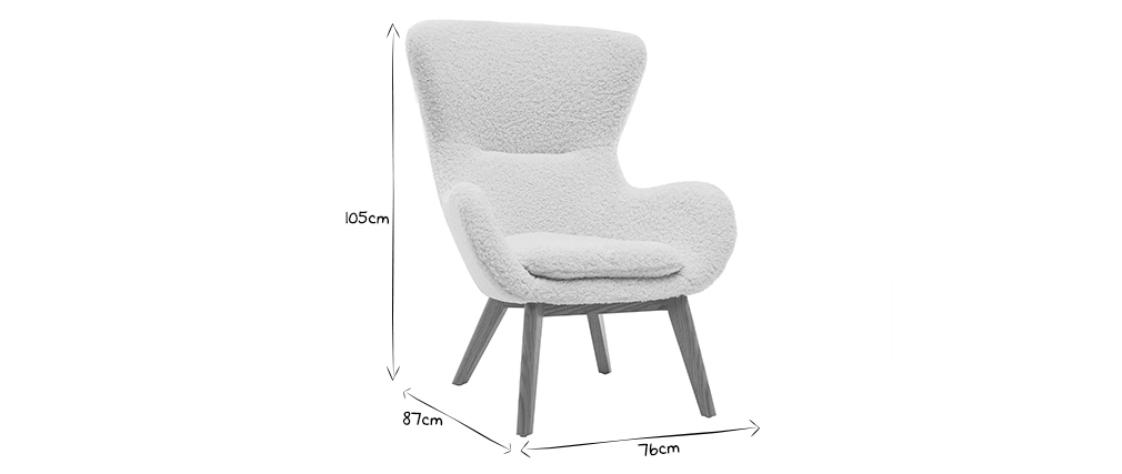 Fauteuil scandinave tissu blanc effet laine boucl�e et bois ESKUA