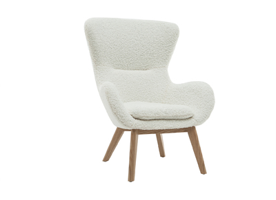 Fauteuil scandinave tissu blanc effet laine boucl&eacute;e et bois ESKUA