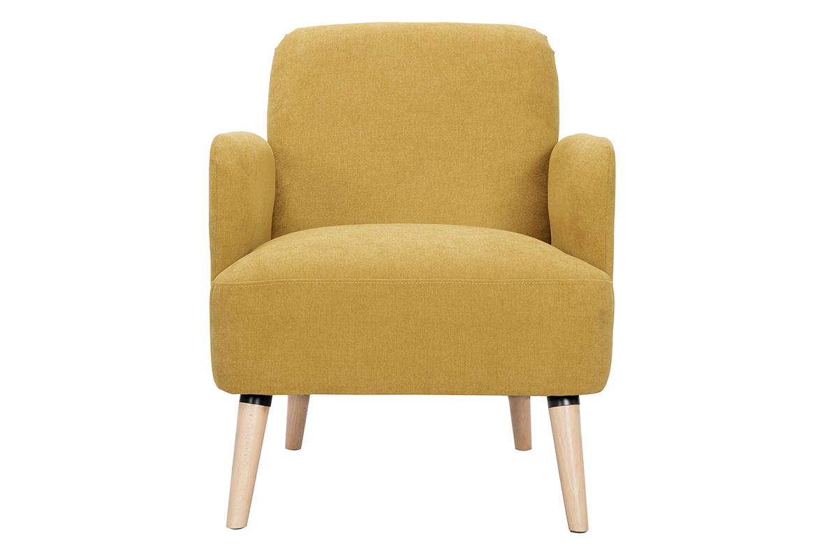 Fauteuil scandinave tissu effet velours jaune moutarde et bois clair ISKO