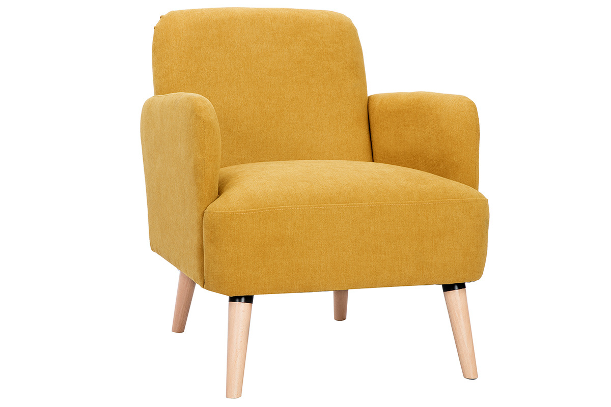 Fauteuil scandinave tissu effet velours jaune moutarde et bois clair ISKO