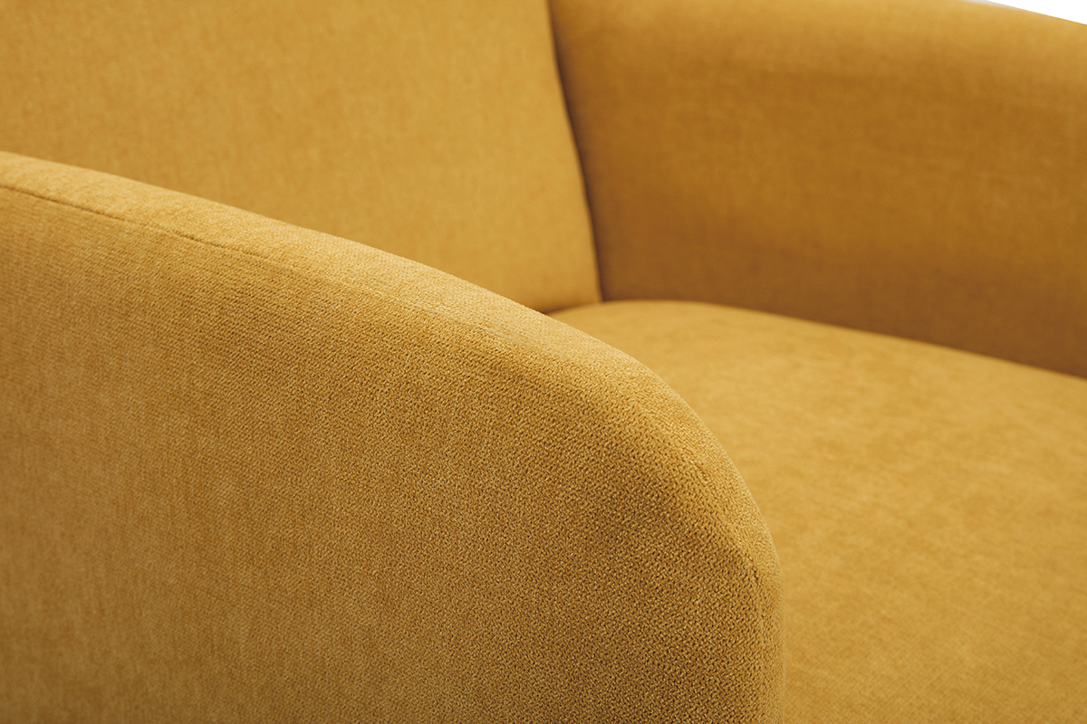 Fauteuil scandinave tissu effet velours jaune moutarde et bois clair ISKO