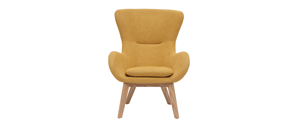 Fauteuil scandinave tissu effet velours jaune moutarde et bois ESKUA