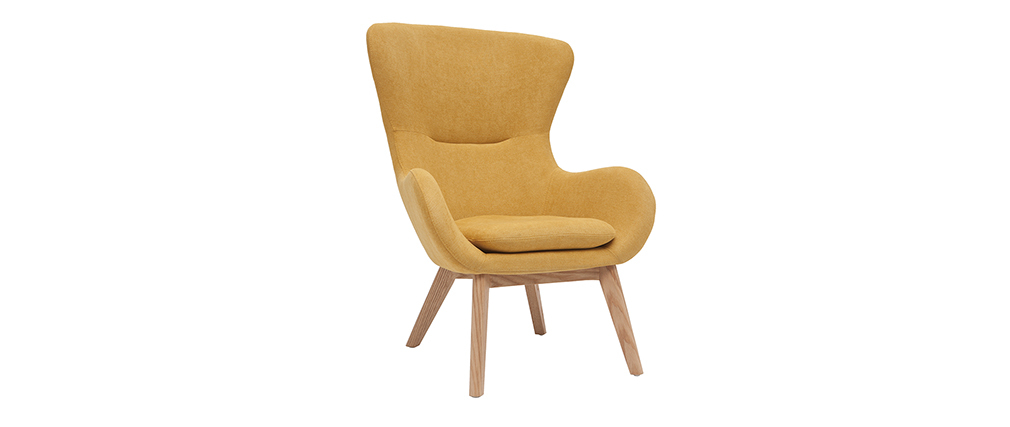 Fauteuil scandinave tissu effet velours jaune moutarde et bois ESKUA