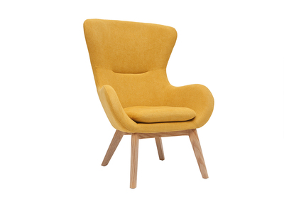 Fauteuil scandinave tissu effet velours jaune moutarde et bois ESKUA