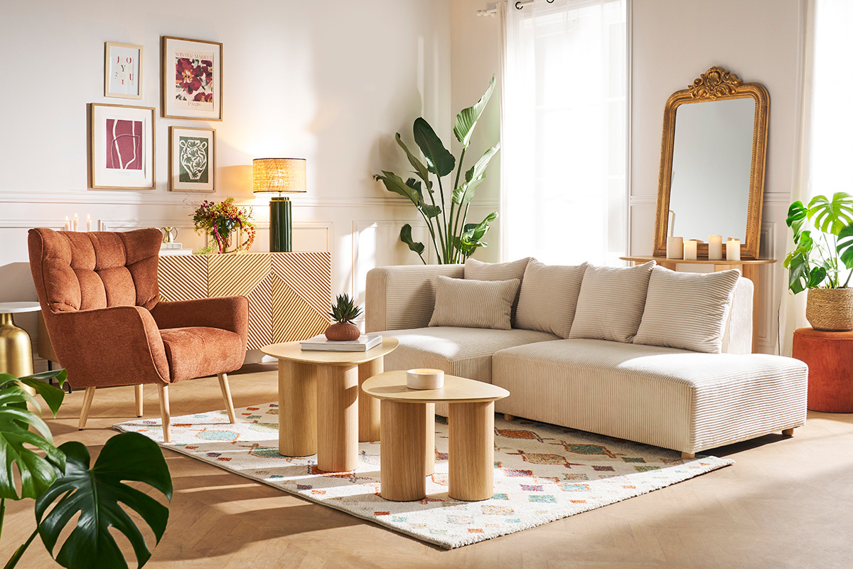 Fauteuil scandinave tissu effet velours texturé vert foncé et bois clair AVERY