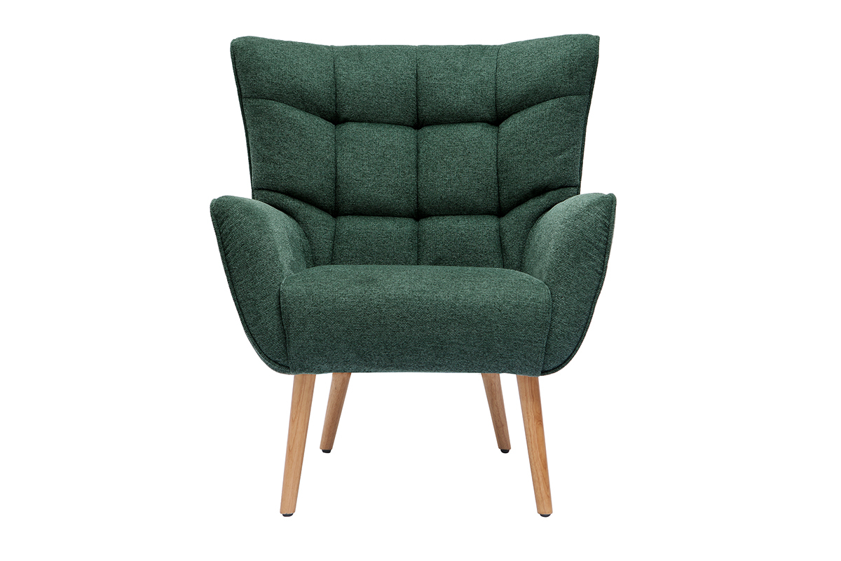 Fauteuil scandinave tissu effet velours texturé vert foncé et bois clair AVERY