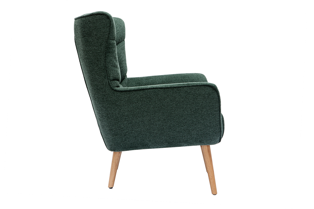 Fauteuil scandinave tissu effet velours texturé vert foncé et bois clair AVERY