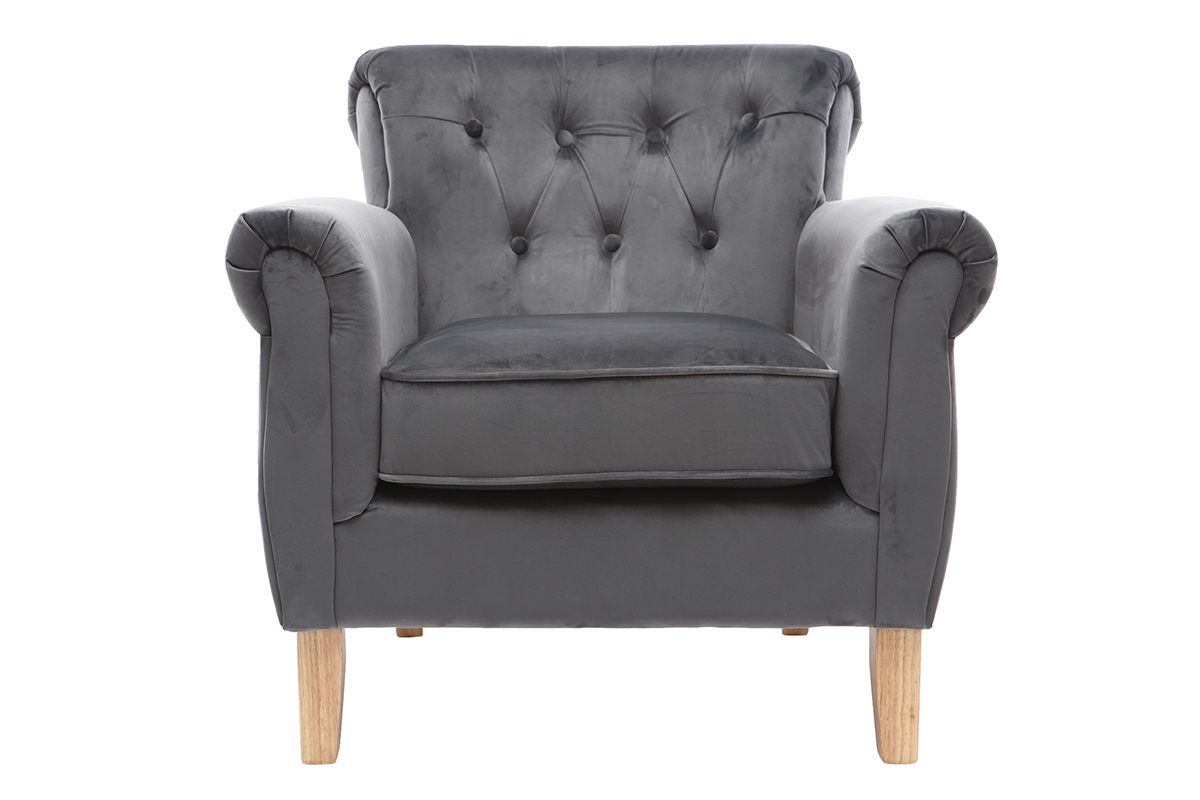 Fauteuil velours gris fonc� bois clair MAJESTIC