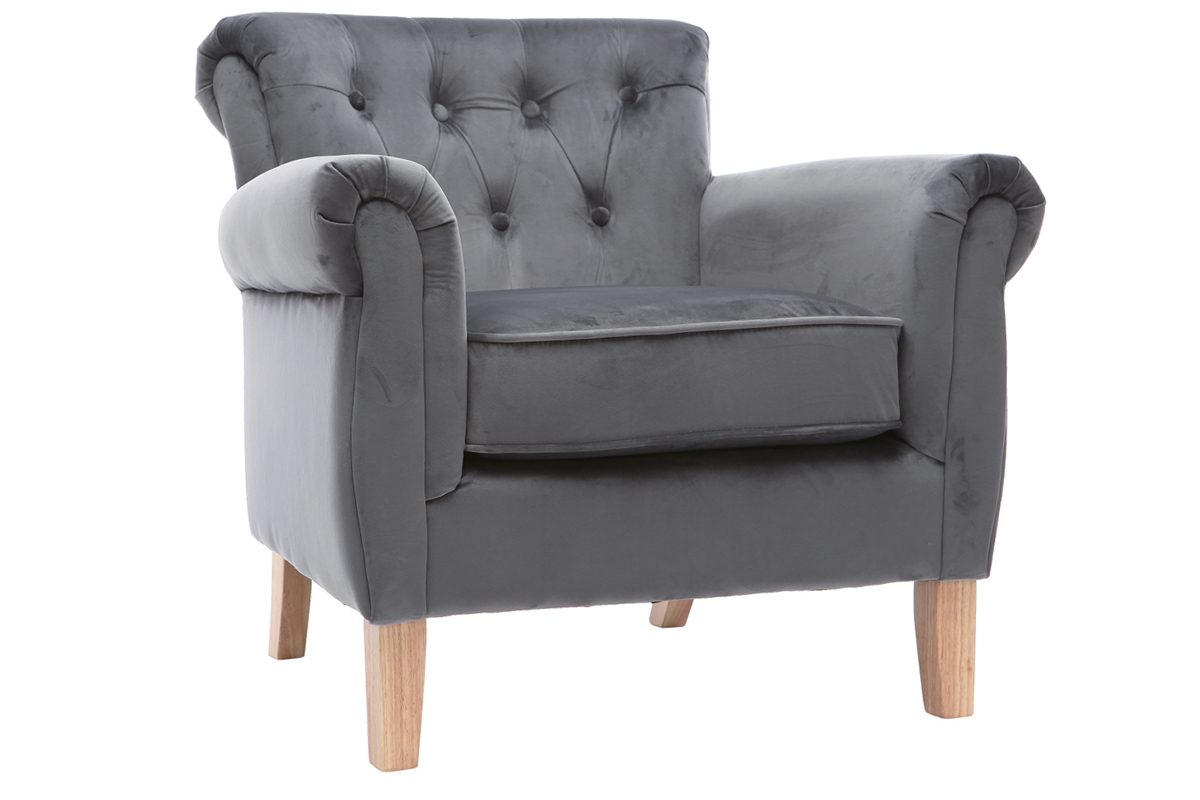 Fauteuil velours gris fonc� bois clair MAJESTIC