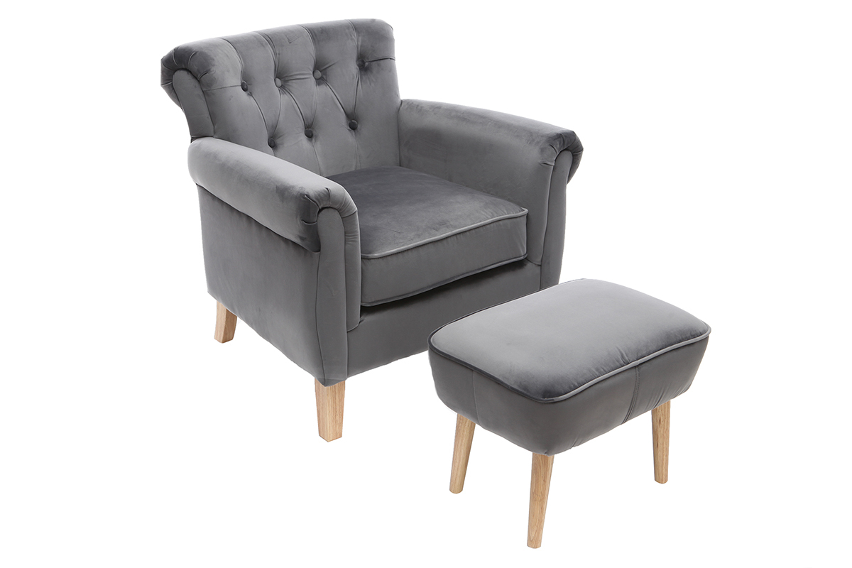 Fauteuil velours gris fonc� bois clair MAJESTIC