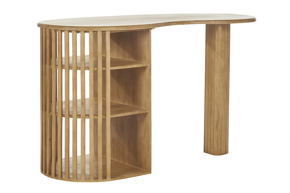 Ilot - table de bar avec rangements en bois clair manguier massif H90 cm LOBIO